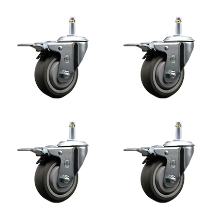 Service Caster 3.5'' Thermo Rubber Swivel 7/16'' Stem Caster Set with Total Lock Brake, 4PK SCC-GRTTL20S3514-TPRB-716138-4